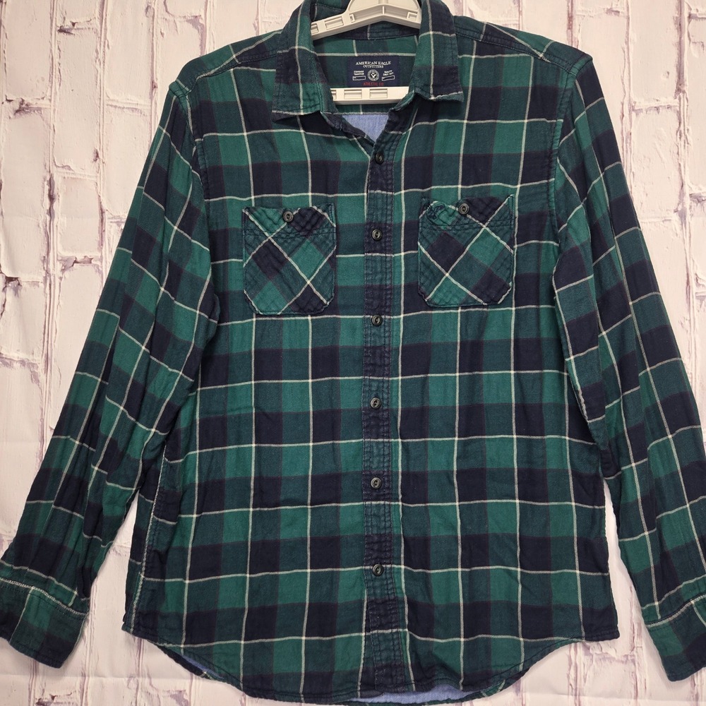 Y2K American Eagle Outfitters Mens Athletic Fit Flannel Shirt Green Navy Plaid L